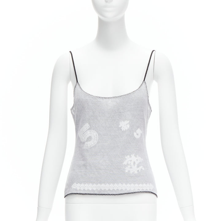 CHANEL 04P Vintage No.5 CC white sheer overlay black trim cami tank top FR40 L