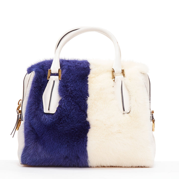 TOD'S D Cube Bauletto cream blue fur white leather GHW bowler bag