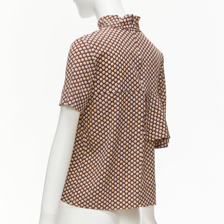 MARNI brown yellow floral asymmetric ruffle drapes hi neck top IT38 XS