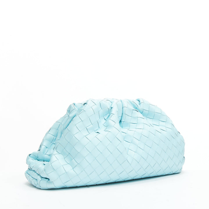 BOTTEGA VENETA The Pouch sky blue Intercciato woven leather magnetic clutch bag