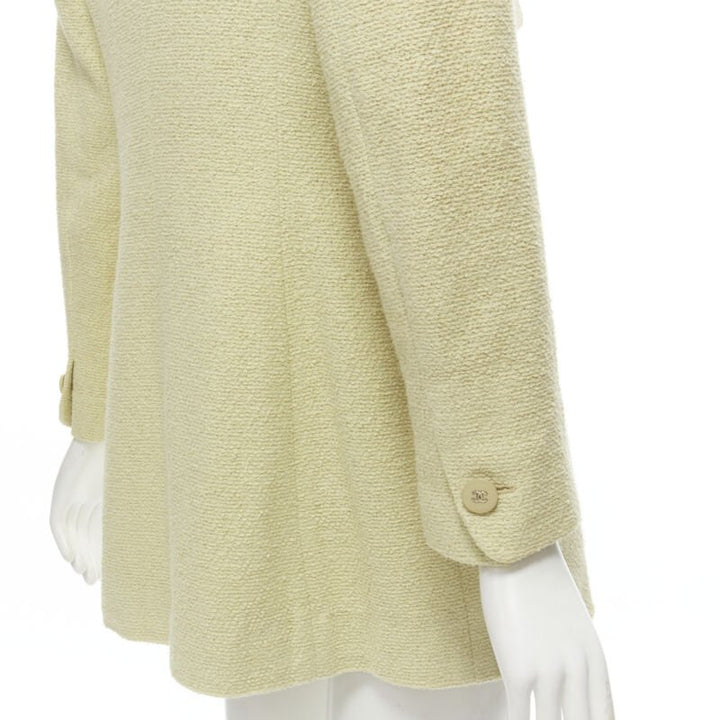 CHANEL 98C Vintage pastel yellow tweed CC button long jacket FR42 L
