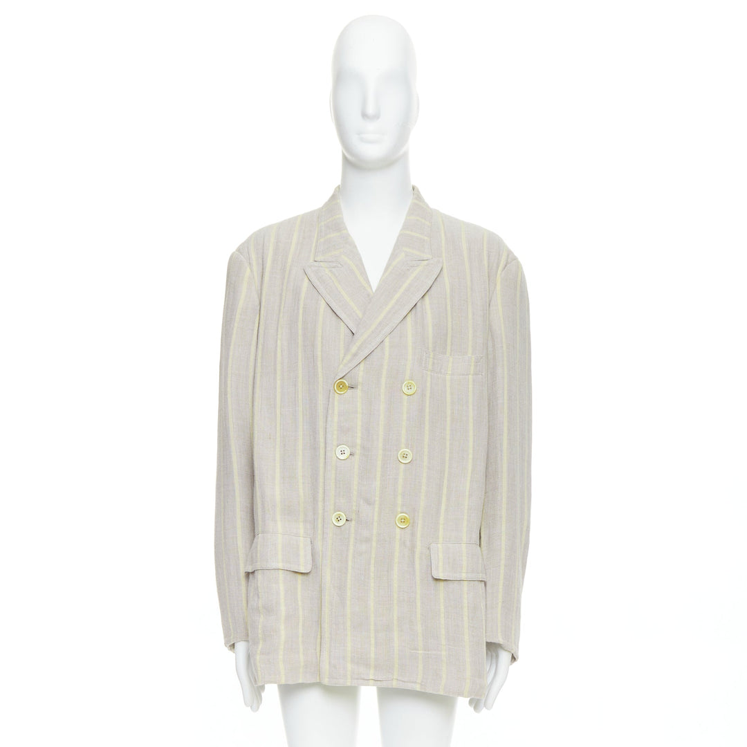 YOHJI YAMAMOTO stone grey cream striped  rayon linen double breasted blazer M