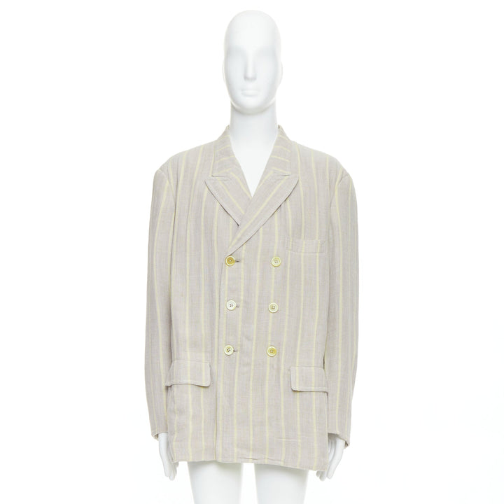 YOHJI YAMAMOTO stone grey cream striped  rayon linen double breasted blazer M