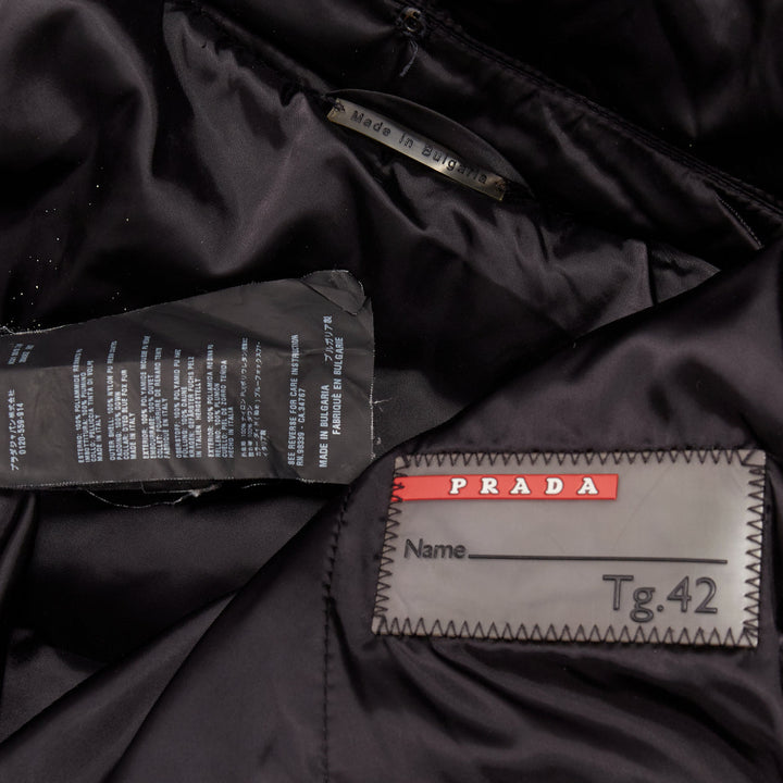 PRADA 2010 black shiny nylon hooded quilted long sleeve puffer coat IT42 M