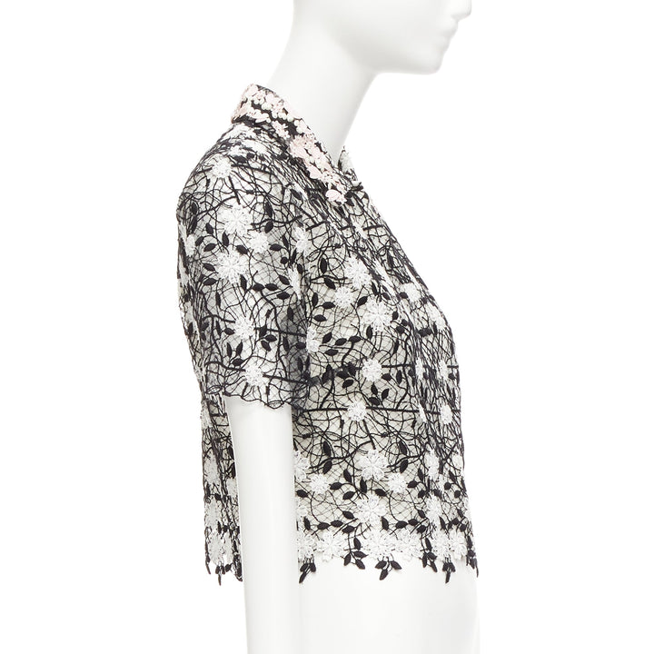 GIAMBATTISTA VALLI black cotton blend lace pink applique cropped shirt IT38 XS