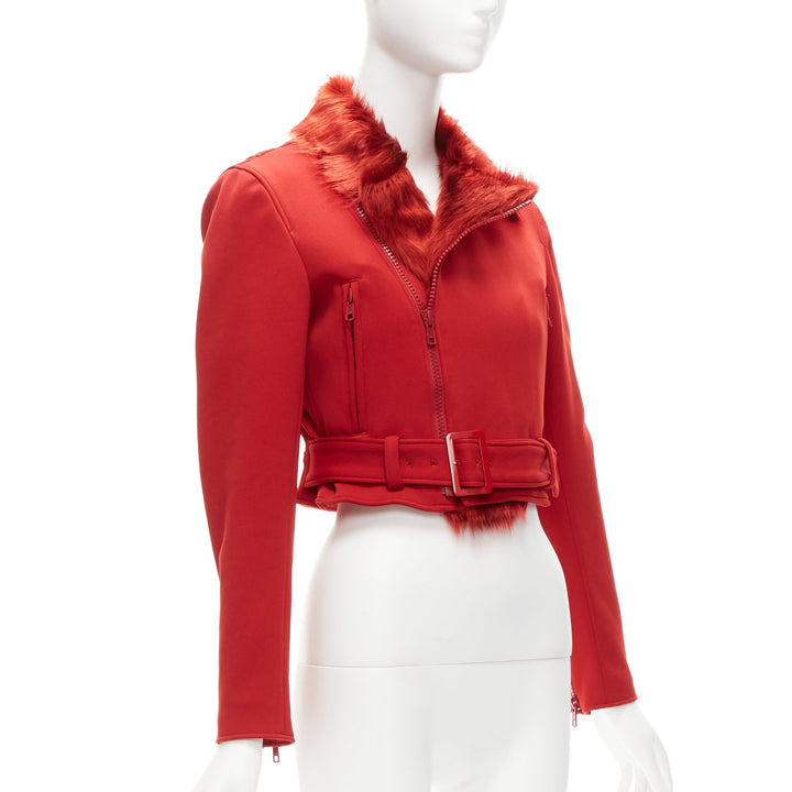 YOHJI YAMAMOTO red faux fur collar 3 stripes belted cropped biker jacket S