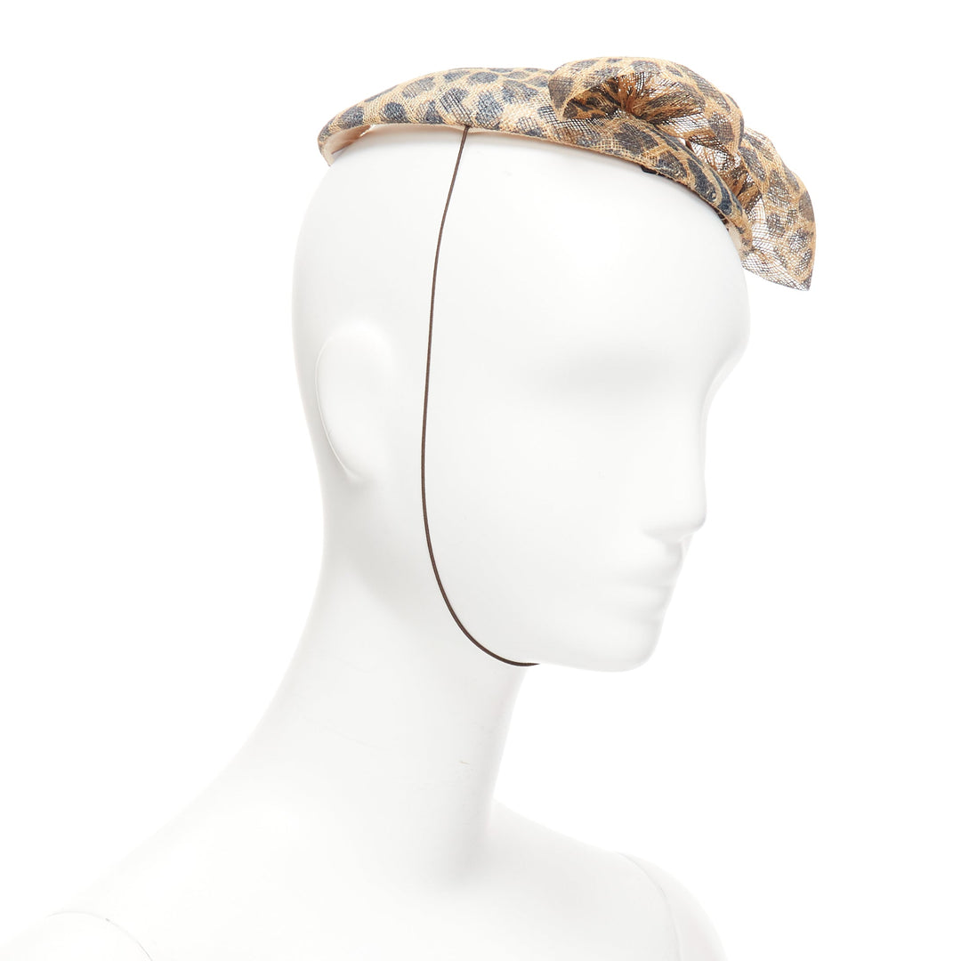 MARIE MERCIE brown leopard print bow fascinator hat