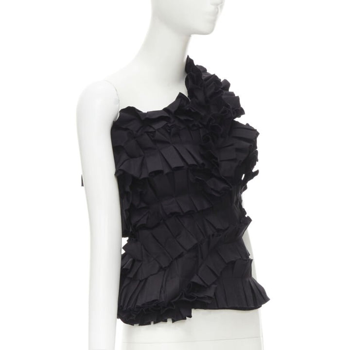 BOTTEGA VENETA black pleated ruffle one shoulder corset bustier top IT38 XS