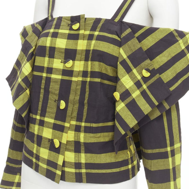 ISSEY MIYAKE Vintage black yellow check plaid cotton stand collar shirt S Rare