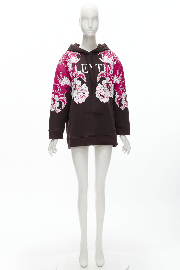 VALENTINO 2022 brown pink floral logo print cotton oversized hoodie S