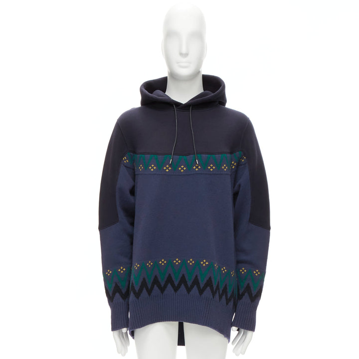 SACAI 2018 navy cotton blend fairisle knit sweater hyrid hoodie JP3 L