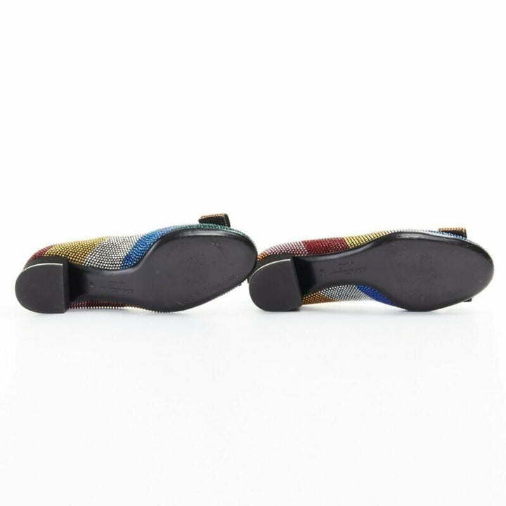 SALVATORE FERRAGAMO Vara rainbow crystal strass bow chunky kitten pump EU34