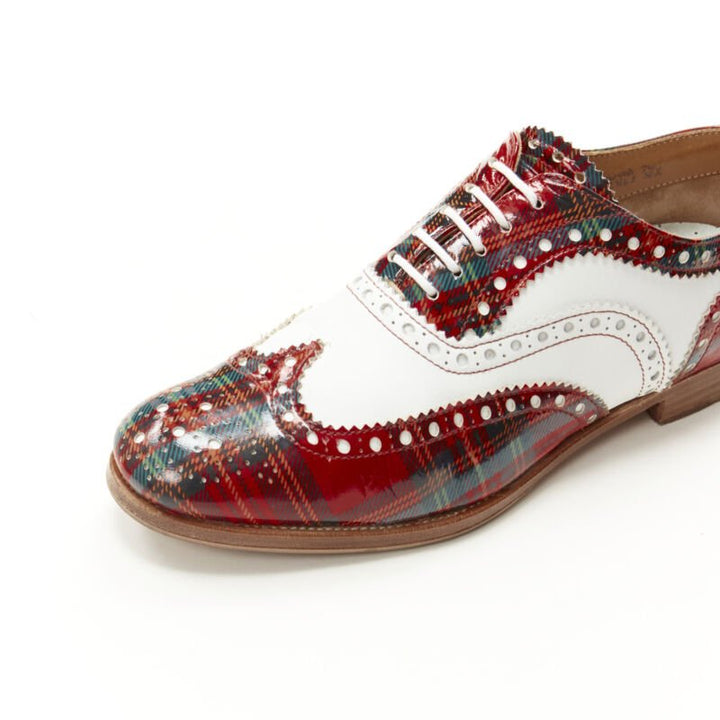 CHURCH'S Burwood red tartan patent white perforated leather brogue EU36.5