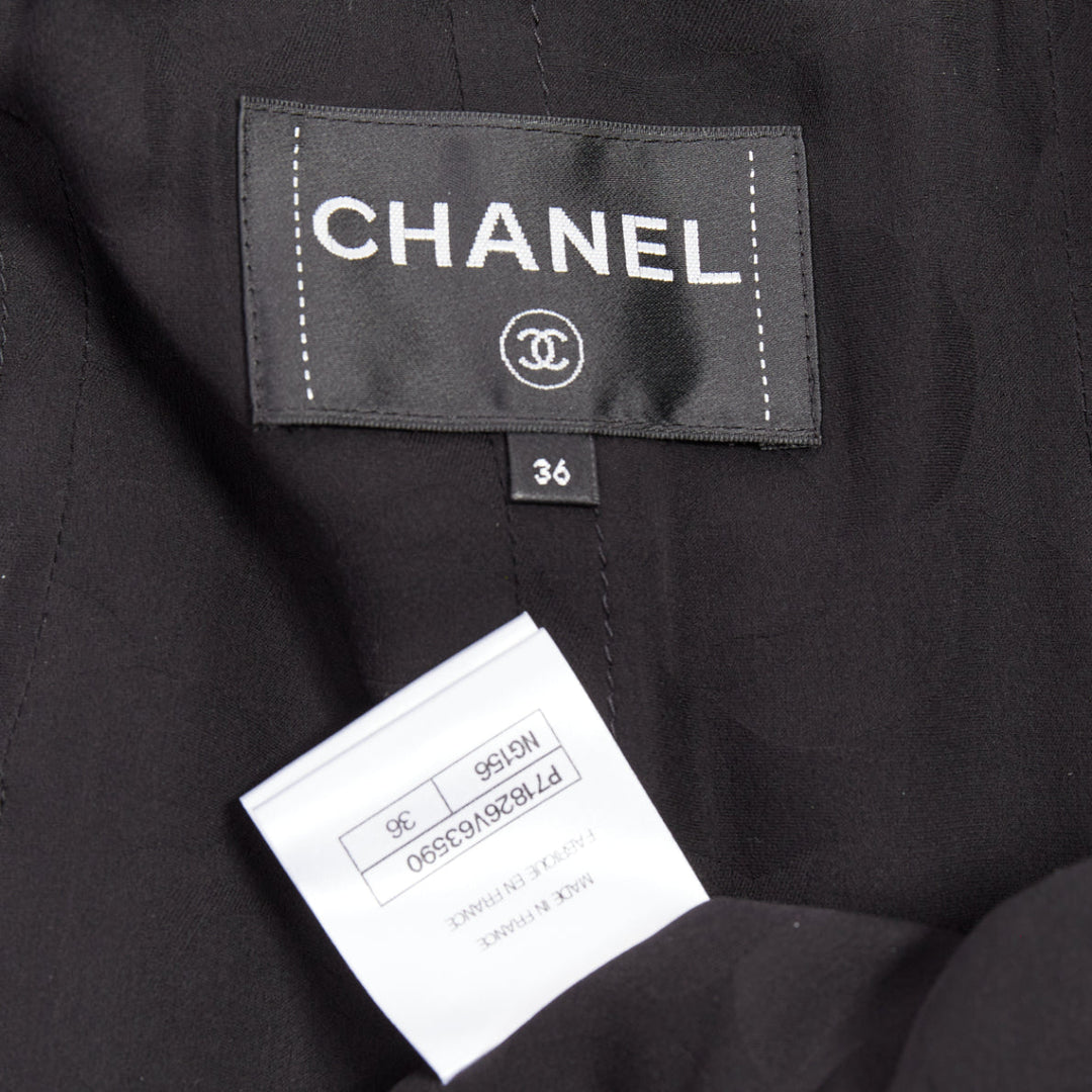 CHANEL 22C Runway black tweed fringe trim 4 pocket long jacket FR36 S
