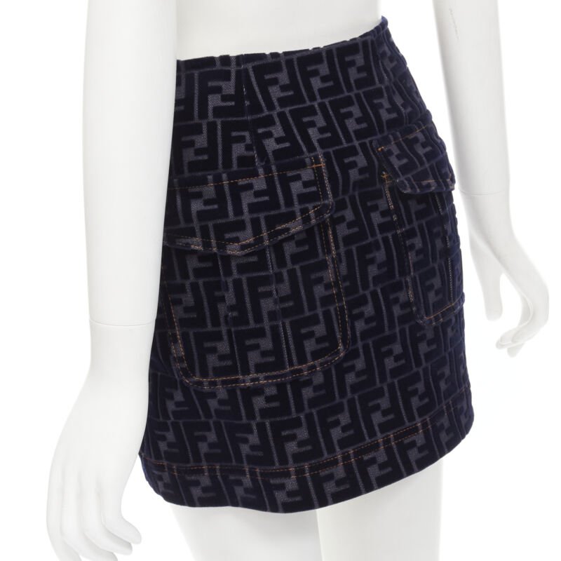 FENDI FF Zucca monogram velvet flocking mini denim skirt S