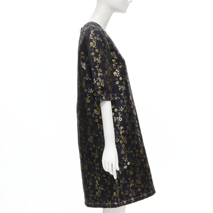 MARNI 2019 black gold blue floral jacquard cuffed sleeve trapeze dress IT40 S
