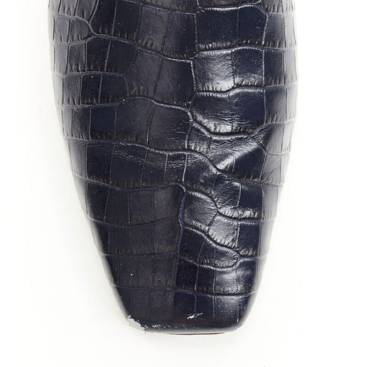 JIMMY CHOO black navy mock croc leather square toe JC charm flats EU38