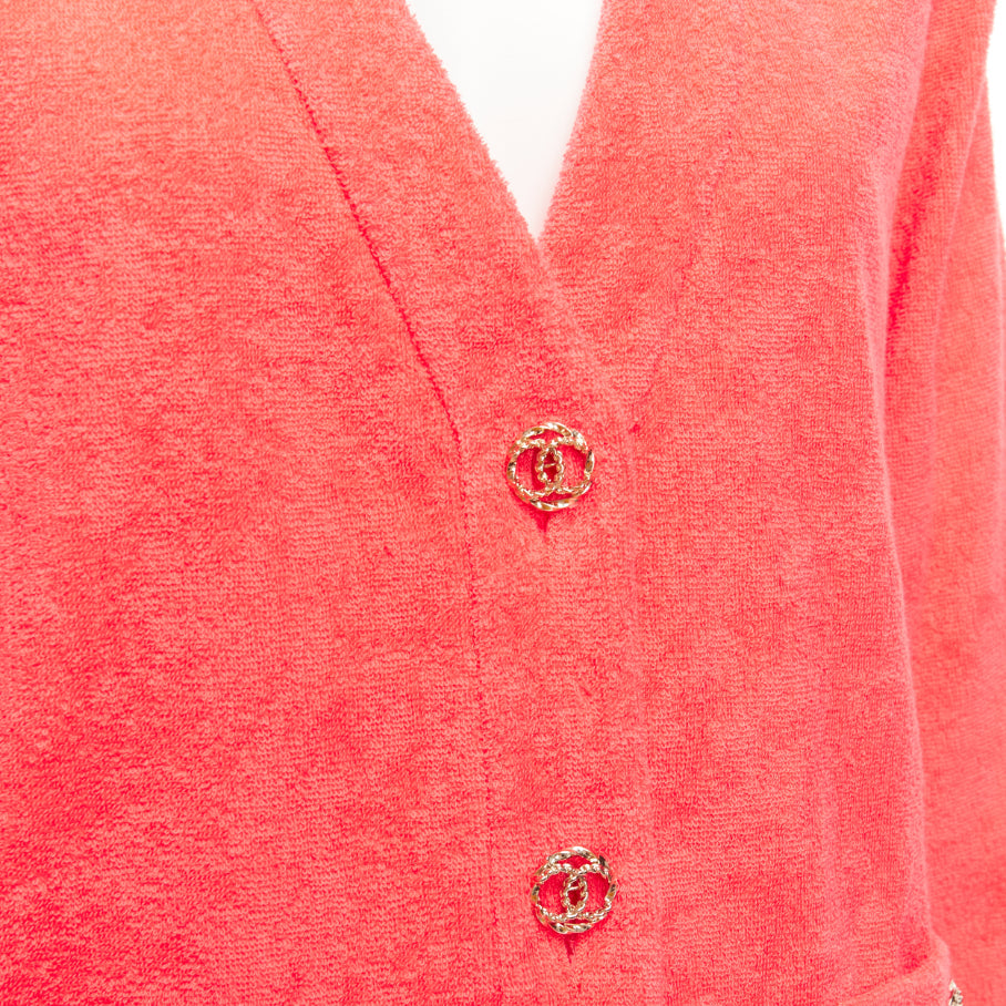 CHANEL coral pink towel terry cloth gold CC logo blazer jacket FR36 S