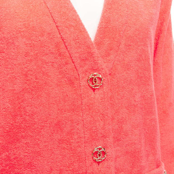 CHANEL coral pink towel terry cloth gold CC logo blazer jacket FR36 S