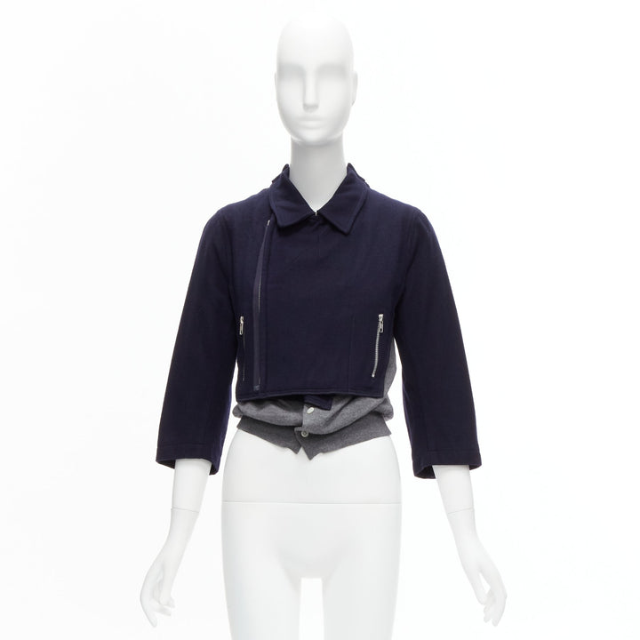 COMME DES GARCONS wool navy grey deconstructed hybrid biker cropped cardigan S