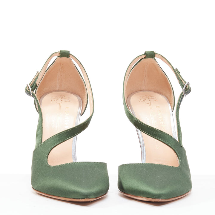 RUPERT SANDERSON Nanda green satin d'orsay silver heel pointy pumps EU36