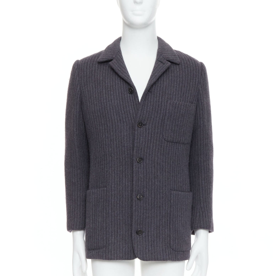 HERMES Angora wool cashgora grey verticle stripe knit blazer FR48 M