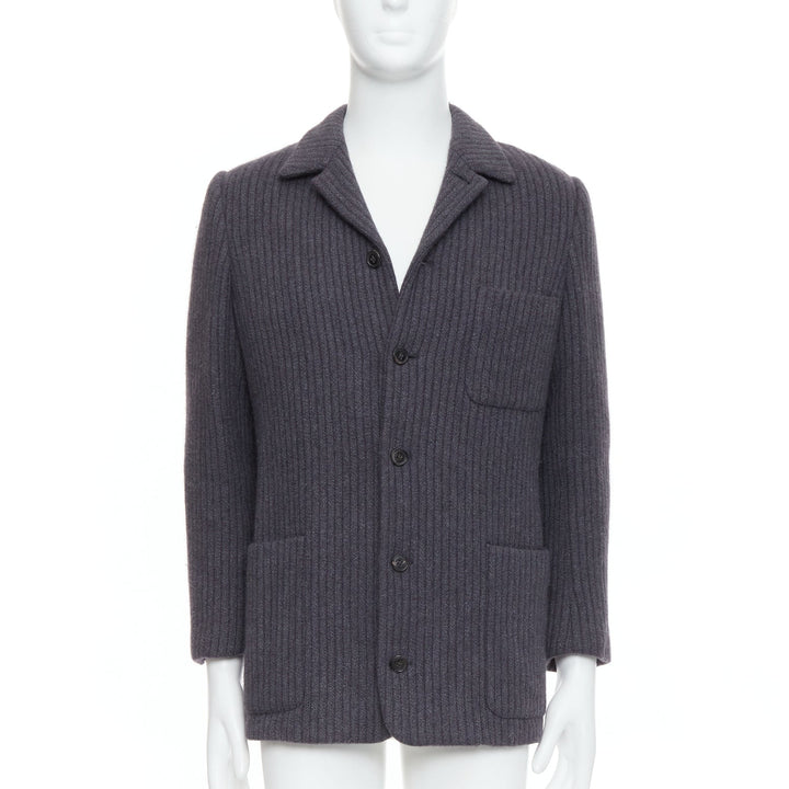 HERMES Angora wool cashgora grey verticle stripe knit blazer FR48 M