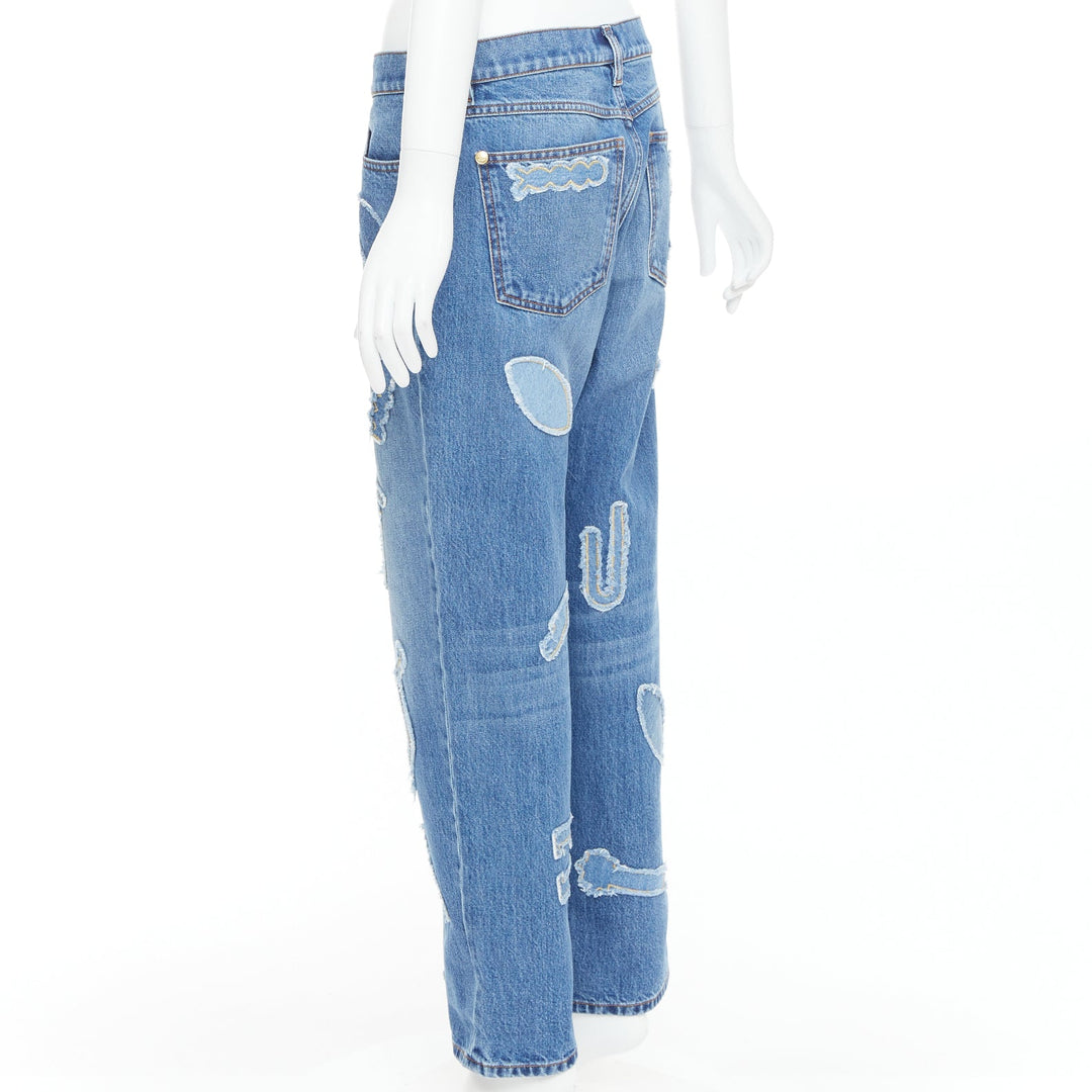 CHANEL 19A blue cotton hieroglyphics patch straight leg jeans FR40 L
