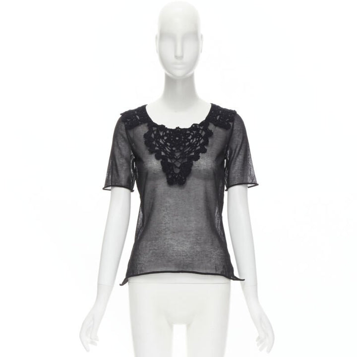 DOLCE GABBANA crochet lace sheer rolled edges fine knit cotton top IT40 S