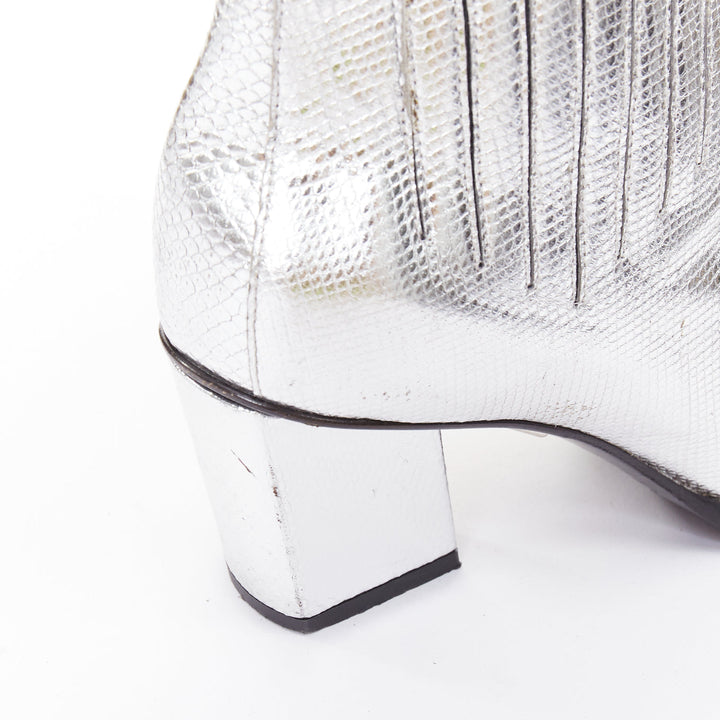 ROGER VIVIER silver texture leather slanted block heel western booties EU37