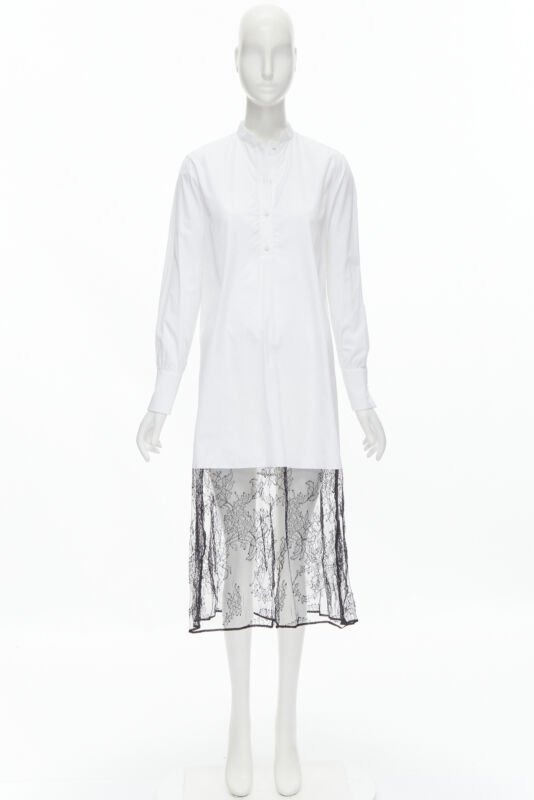VALENTINO white cotton black floral lace hem shirt dress IT36 XS