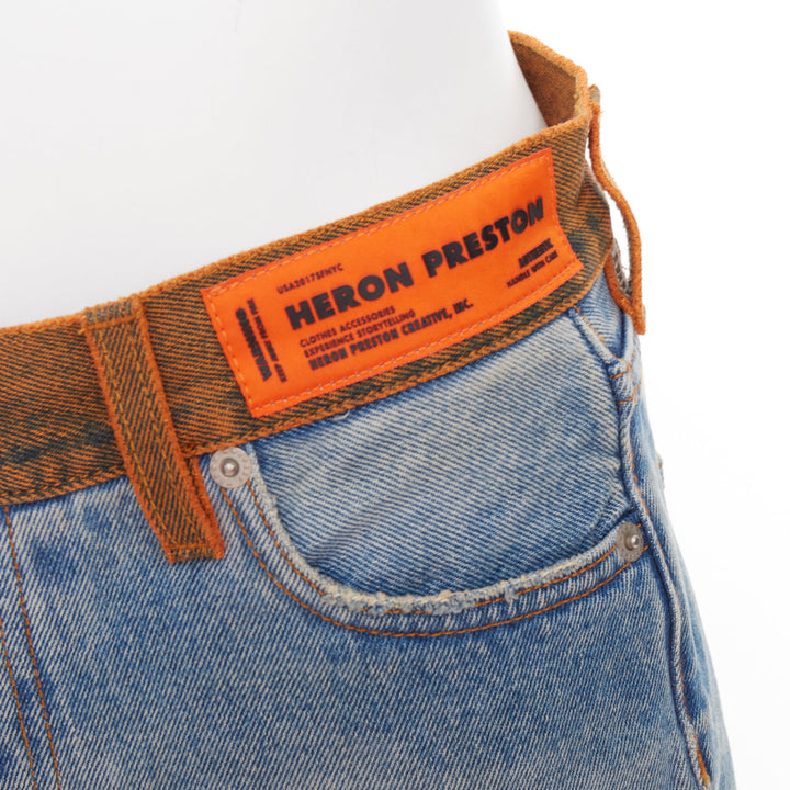 HERON PRESTON western cowboy blue washed denim orange waist cut off shorts 25"