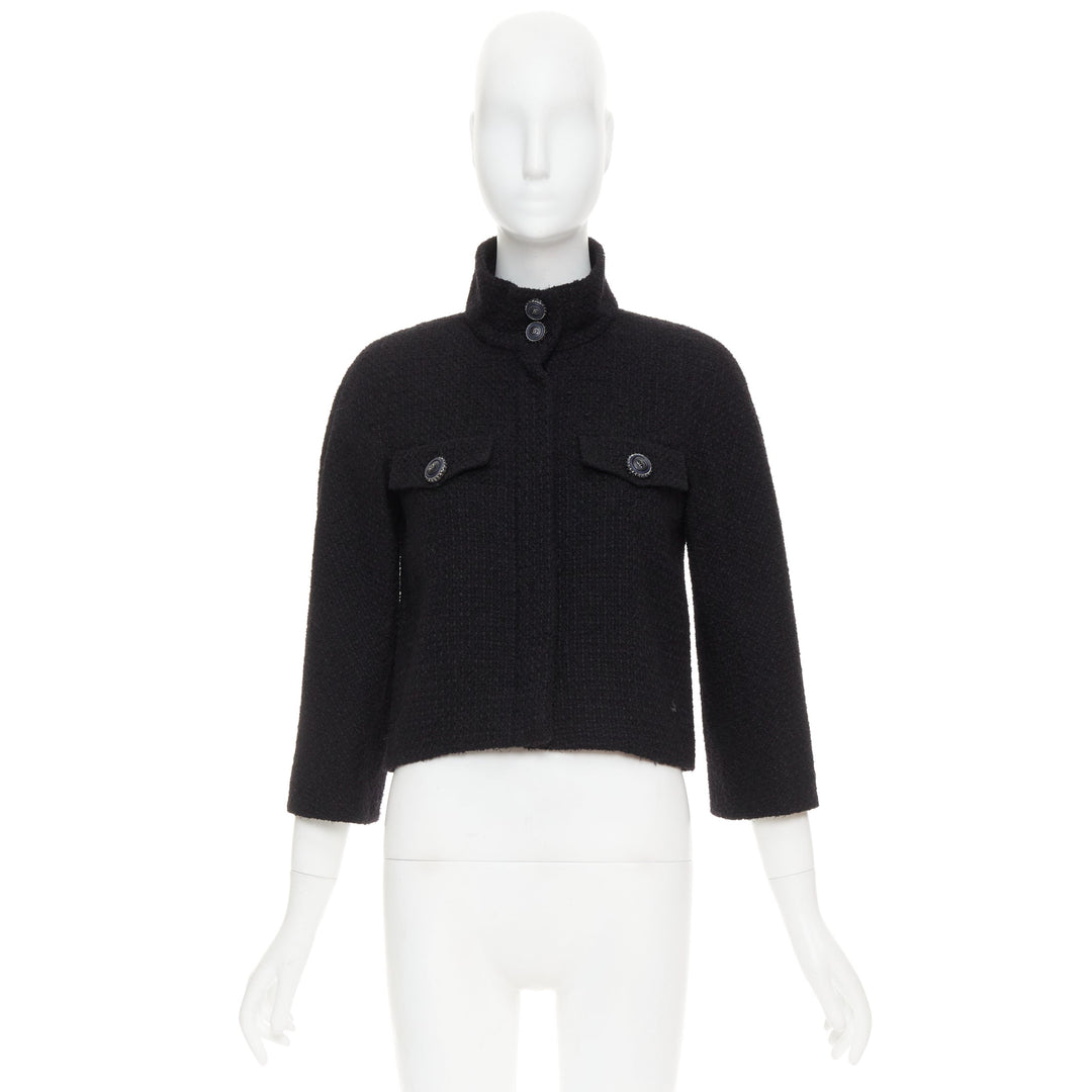 CHANEL 19A black wool tweed CC logo buttons high collar crop jacket FR34 XS