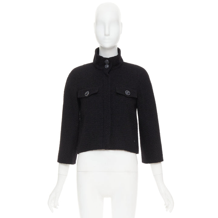CHANEL 19A black wool tweed CC logo buttons high collar crop jacket FR34 XS