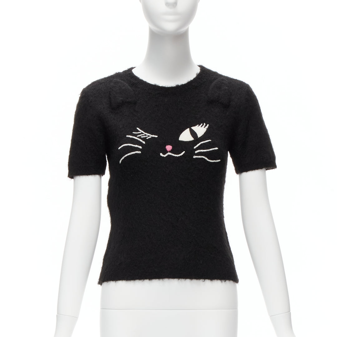 rare MOSCHINO BOUTIQUE black winking cat 3D ears furry cropped sweater IT42 M