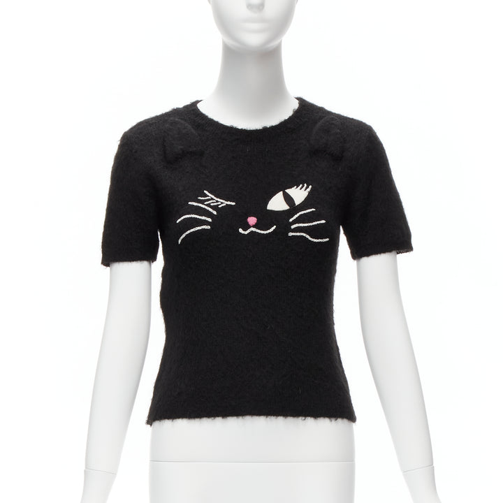 rare MOSCHINO BOUTIQUE black winking cat 3D ears furry cropped sweater IT42 M