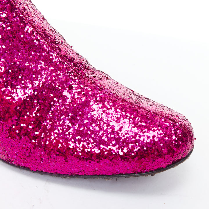 SAINT LAURENT Babies 40mm hot pink glitter chunky heel chelsea boots EU38.5