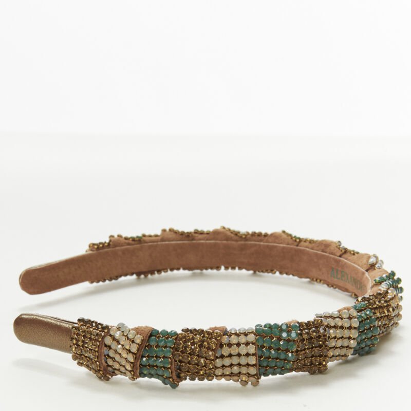 ALEXANDER ZOUARI bronze leather copper white green crystal encrusted headband