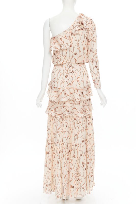 JOHANNA ORTIZ Mysterious Soul beige floral one shoulder tier maxi dress US2 XS