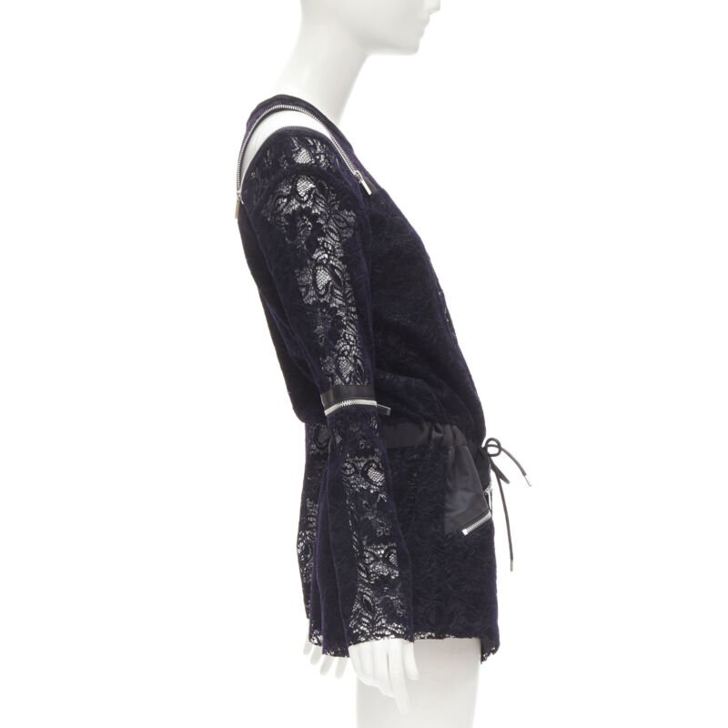 SACAI navy velvet floral lace pink zipper trim romper playsuit S