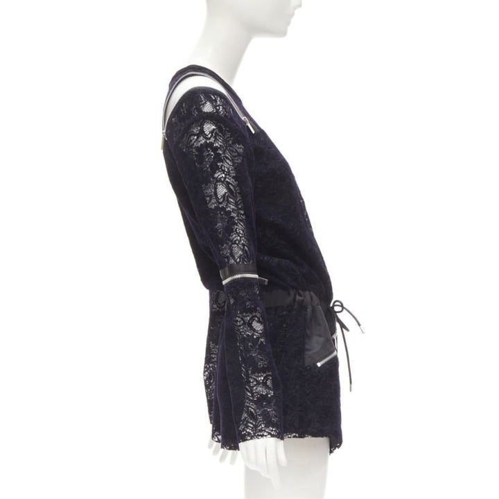 SACAI navy velvet floral lace pink zipper trim romper playsuit S