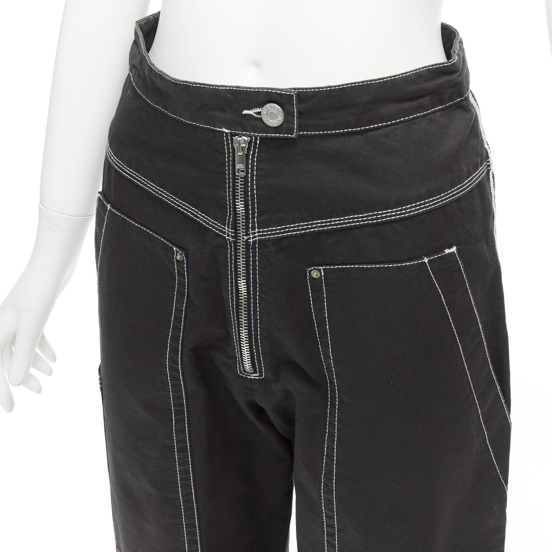 ISABEL MARANT black white cotton topstitch pocketed carpenter pants FR36 S