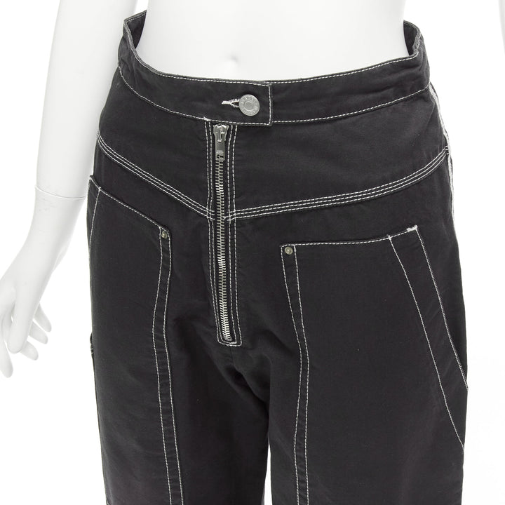 ISABEL MARANT black white cotton topstitch pocketed carpenter pants FR36 S