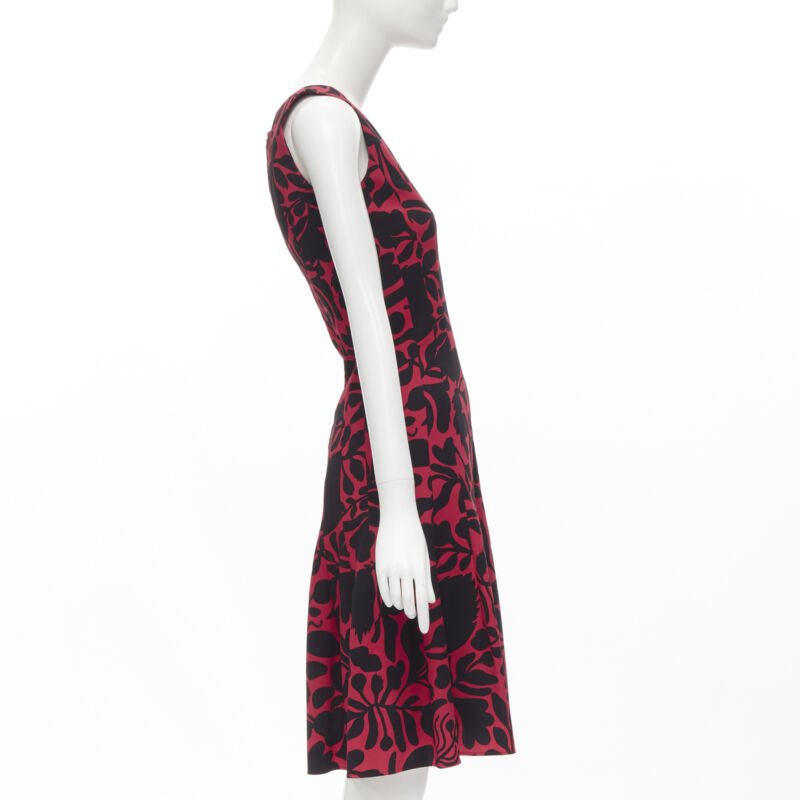 OSCAR DE LA RENTA red black floral print panelled fit flared dress XS