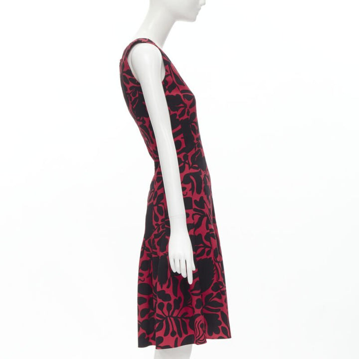 OSCAR DE LA RENTA red black floral print panelled fit flared dress XS
