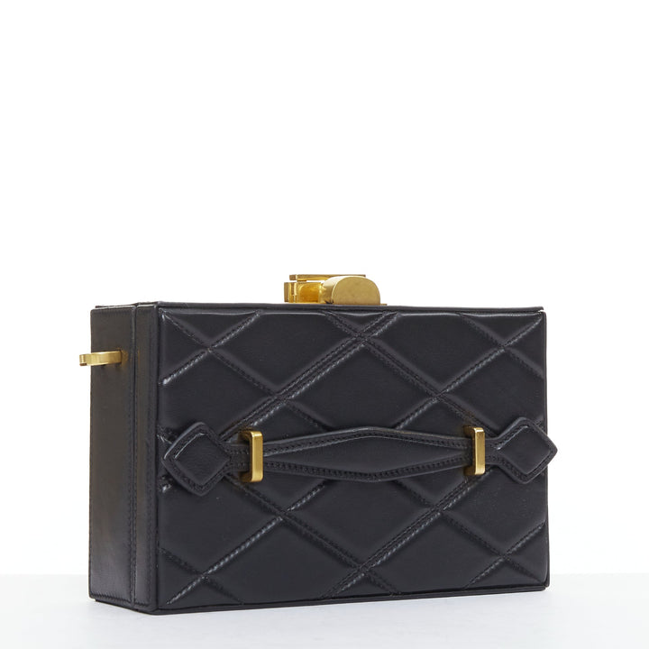 OSCAR DE LA RENTA Alibi Minaudiere black leather gold hardware box clutch