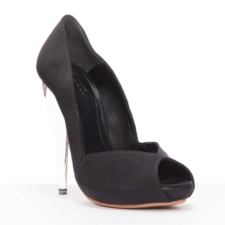 ALEXANDER MCQUEEN black satin clear lucite dagger peep toe heel EU37