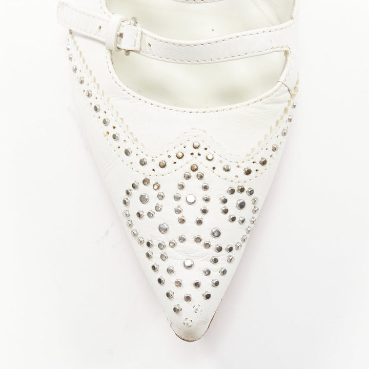 VERONIQUE BRANQUINHO white leather silver studded wingtip strappy flats EU37.5
