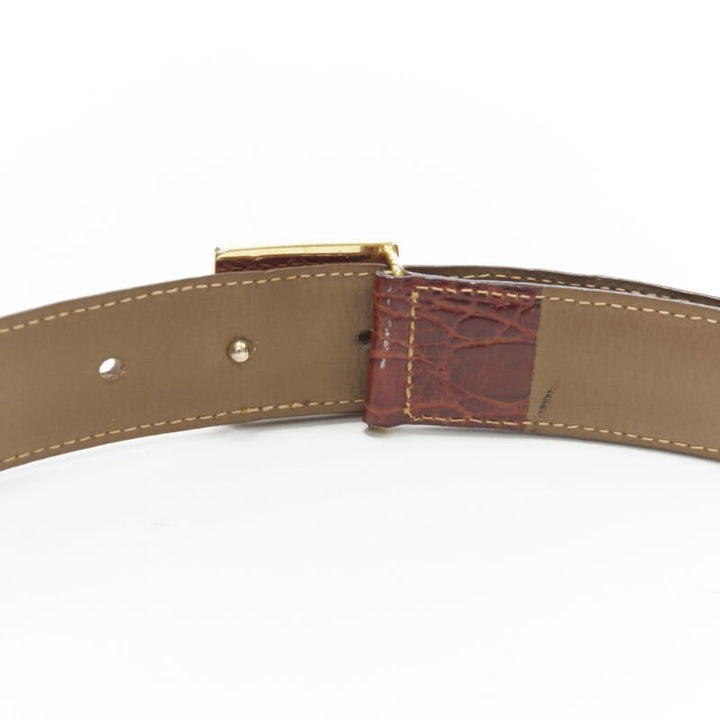 OSCAR DE LA RENTA brown stamped mock croc gold logo buckle belt 32"-36"