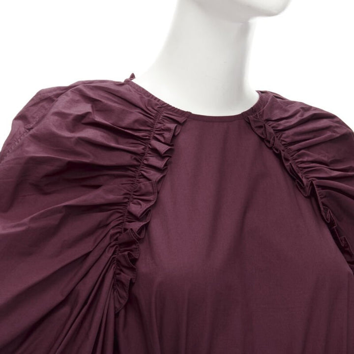 ULLA JOHNSON burgundy cotton bow belt balloon sleeves flared midi dress US2 XS